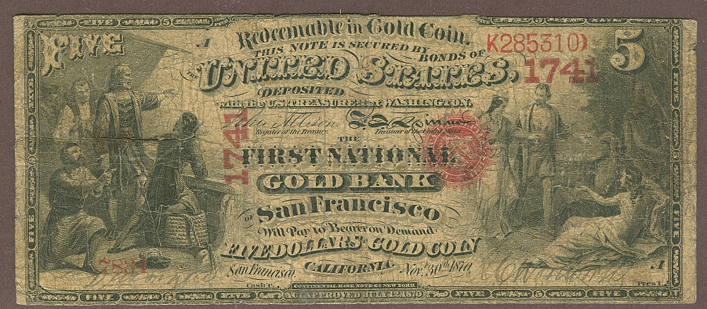 Fr.1136, $5 Original National Gold Bank Note, Ch. #1741, PCGS-15a